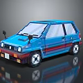 Pixel Art Blue Retro Car With Colorful Stripes And White Wheels