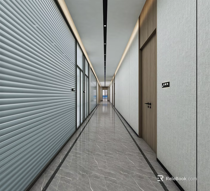 Modern Elevator Hallway Design With Light Gray Walls Marble Floor And Recessed Lighting 3d model 
