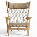 Modern Wooden Lounge Chair Featuring Woven Rope Design And Padded Seat Backrest