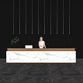 Elegant Reception Desk With Marble Countertop Black Background Wall Hanging Lines And White Clad Receptionist