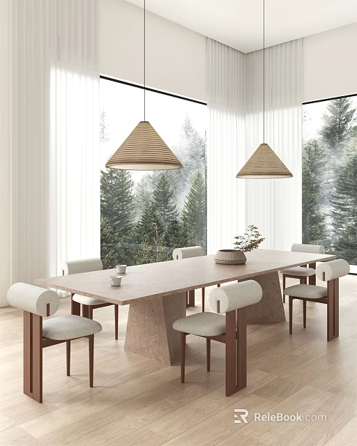 Modern Wooden Dining Table Set With White Chairs Woven Pendant Lights And Pine Trees View 3d model 