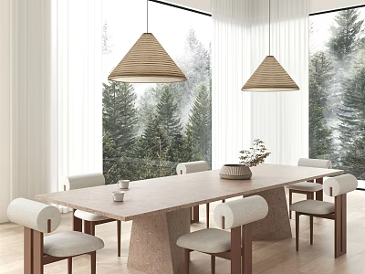 Modern Wooden Dining Table Set With White Chairs Woven Pendant Lights And Pine Trees View 3d model