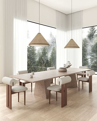 Modern Dining Table and Chair Combination Simple Villa Dining Chair Dining Table Wood Chandelier White Gauze Curtain 3d model