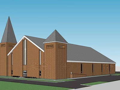 Historic Church Style Building With Brick Exterior Gray Roof Spires And Large Front Windows 3d model