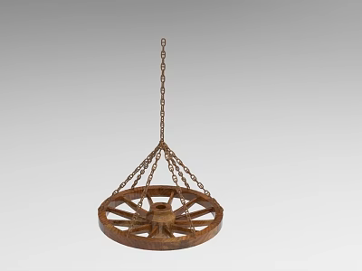 Industrial Equipment Featuring Hanging Wooden Wheel With Metal Chains And Rustic Design 3d model