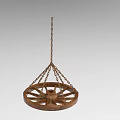 Industrial Equipment Featuring Hanging Wooden Wheel With Metal Chains And Rustic Design