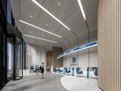 Modern Bank Lobby Interior Design With Open Counters Blue Seats And Wooden Decorations 3d model