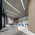 Modern Bank Lobby Interior Design With Open Counters Blue Seats And Wooden Decorations