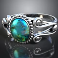 Elegant Silver Ring With Blue Green Gemstone And Curved Pattern Beaded Edge Design 3d model