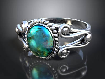 Elegant Silver Ring With Blue Green Gemstone And Curved Pattern Beaded Edge Design 3d model