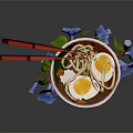Japanese Ramen Bowl with Chopsticks Noodles and Red Circle Design Surrounded by Blue Flowers