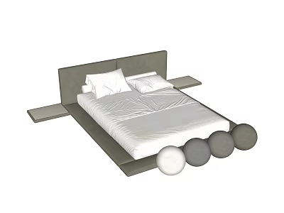 Double Bed With Gray Headboard White Bed Sheet Pillows Side Tables And Colored Round Ornaments 3d model