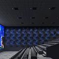 Modern Cinema Interior With Black Seats Blue Geometric Walls And Projection Screen