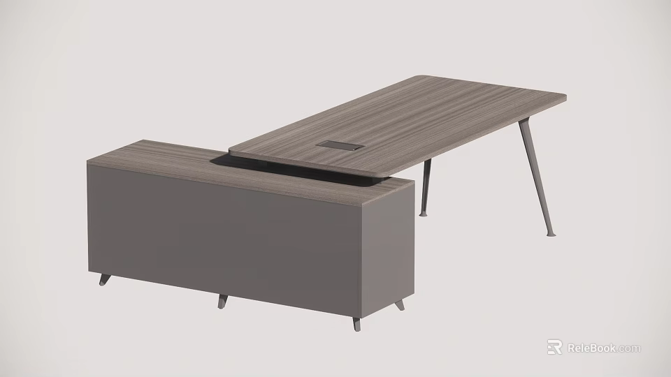 Modern Minimalist Office Desk With Wooden Top Metal Legs And Storage Cabinet 3d model 