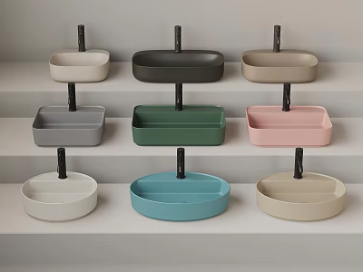 Various Colored Washbasins With Black Stands Neatly Arranged On Multi Tiered White Shelves 3d model