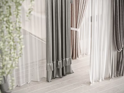 Gray Beige And White Curtains With Velvet Sheer Fabric And Greenery In Bright Interior 3d model