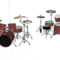 Red Wooden Drum Set With Golden Cymbals And Metal Stands For Musical Instruments