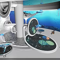 Ocean Themed Interactive Exhibition With Circular Design Whale Model Jellyfish Decorations And Visitors