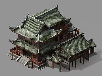 Cartoon Scene Featuring Traditional Chinese Multi Story Architecture With Green Tiled Roofs And Wooden Eaves 3d model