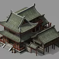 Cartoon Scene Featuring Traditional Chinese Multi Story Architecture With Green Tiled Roofs And Wooden Eaves