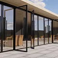 Modern Building With Large Glass Doors And Wooden Tables Inside Stone Tile Floor
