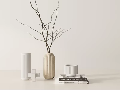 Minimalist Decorative Ornament Set With Twigs Vase Cylinder Square Decor Books And Small Bowl 3d model