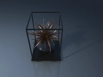 Carved Window Design With Black Metal Frame Copper Plant Black Base And Gray Background 3d model
