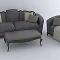 Elegant Gray Sofa Coffee Table Set With Pillows Armchair And Blanket 3d model