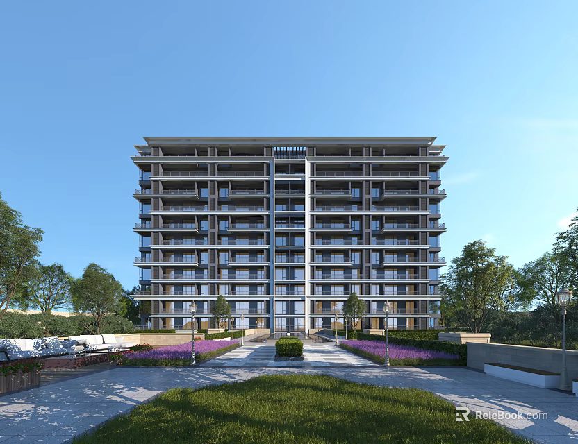 Modern High Rise Residential Building With Landscaped Gardens Lawn Trees And Purple Flowers 3d model 