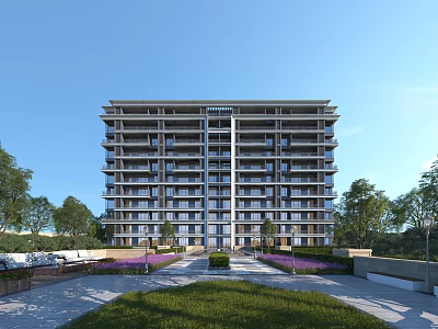 Modern High Rise Residential Building With Landscaped Gardens Lawn Trees And Purple Flowers 3d model