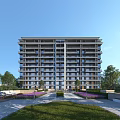 Modern High Rise Residential Building With Landscaped Gardens Lawn Trees And Purple Flowers