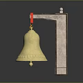 Brass Bell Hanging On Red Accent Wooden Support Structure With Dark Background