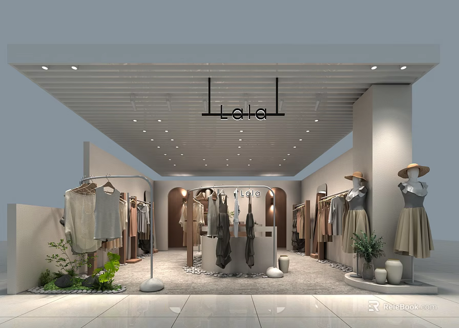 Clothing Store Interior Design With Clothing Racks Mannequins Decorative Plants And Modern Lighting 3d model 