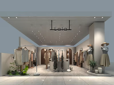 Clothing Store Interior Design With Clothing Racks Mannequins Decorative Plants And Modern Lighting 3d model