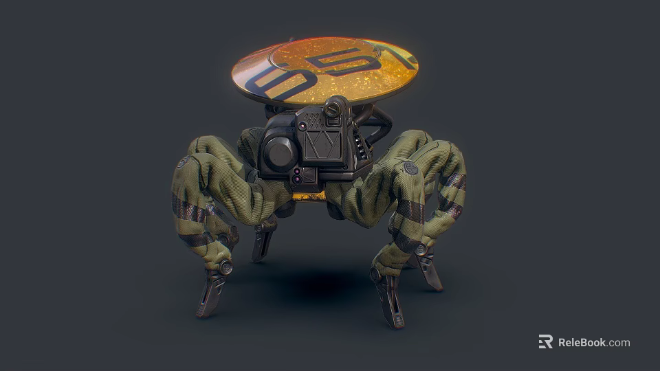 Smart Machine With Multiple Mechanical Legs And Circular Orange Yellow Top 3d model