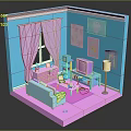 Cartoon Style Room Scene With Blue Walls Pink Curtains Dresser Sofa TV And Rug
