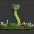Green Cartoon Snake Character With Smiling Face In Grass And Stones
