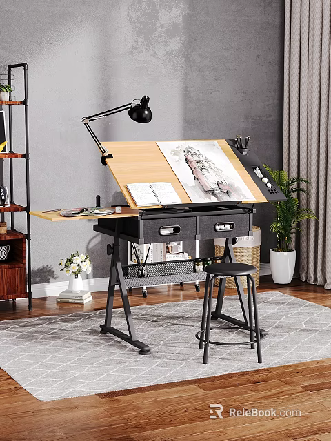 Art Supplies On Wooden Drawing Desk With Drawing Board Open Notebook Stool And Potted Plant 3d model 