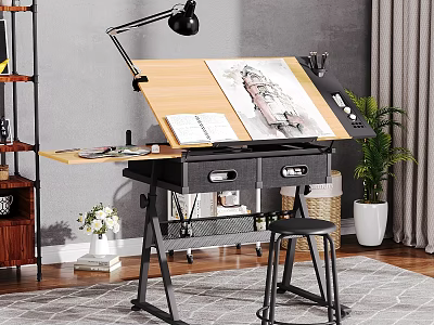 Art Supplies On Wooden Drawing Desk With Drawing Board Open Notebook Stool And Potted Plant 3d model