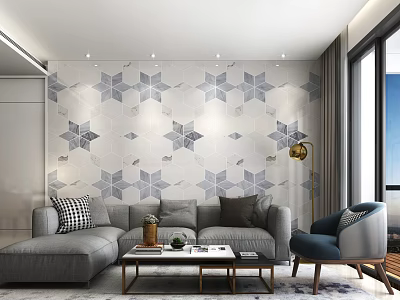 Modern Gray L shaped Sofa with Coffee Table Set and Geometric Pattern Wall in Living Room 3d model