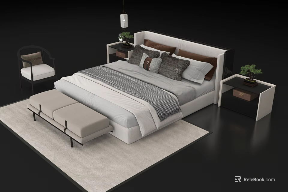 Modern Double Bed With Multiple Pillows Side Tables Potted Plants And Bench On Light Rug 3d model