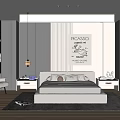 Modern Bedroom Interior Design With Beige Bed Picasso Poster Nightstands Chair Rug And Recessed Lighting