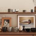 Stylish Ceramic Cups and Mugs on Wooden Shelf with Vases and Framed