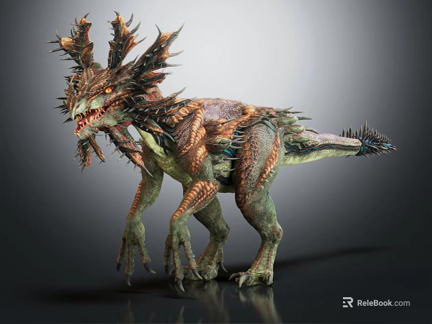 Detailed Fierce Fantasy Dinosaur Creature With Spiked Horns And Scaly Skin 3d model 
