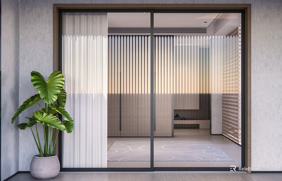 Glass Sliding Doors In Modern Indoor Space With Vertical Stripes Green Plant And Decorative Rug 3d model 
