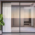 Glass Sliding Doors In Modern Indoor Space With Vertical Stripes Green Plant And Decorative Rug