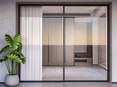 Glass Sliding Doors In Modern Indoor Space With Vertical Stripes Green Plant And Decorative Rug 3d model