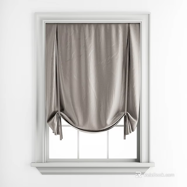 Modern Gray Pleated Curtain Tied on White Window Frame for Elegant Home 3d model 