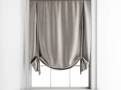 Modern Gray Pleated Curtain Tied on White Window Frame for Elegant Home 3d model