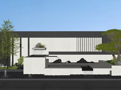 Modern Landscape Wall Design With Water Basin Greenery And Stone Lines 3d model